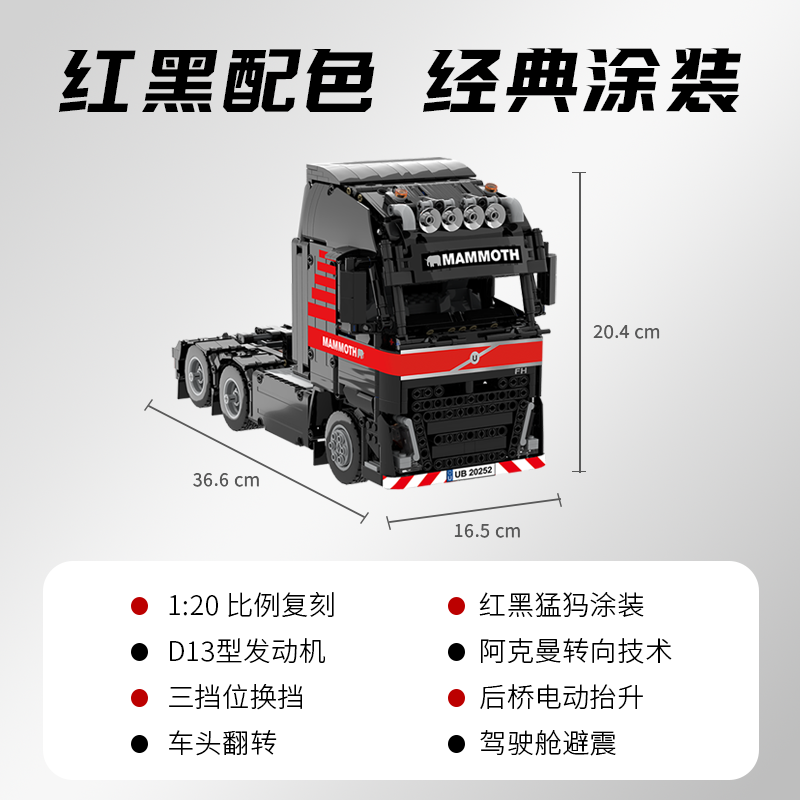 1653pcs Ubricks T001 FH three-axle heavy truck (Dynamic version)