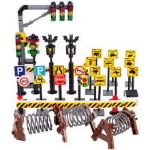 Urban traffic road signs, roadblocks, signals, street lights
