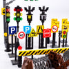 Urban traffic road signs, roadblocks, signals, street lights