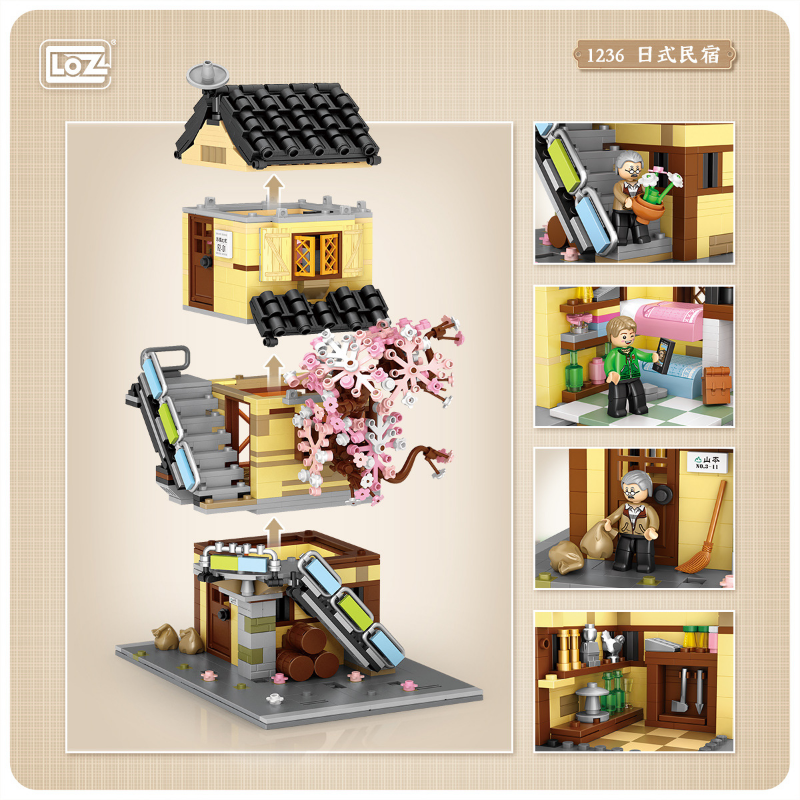 LOZ 1234 1235 1236 Japanese Street View Noodles Restaurant Residential Building Fruit Shop ( Mini bricks）